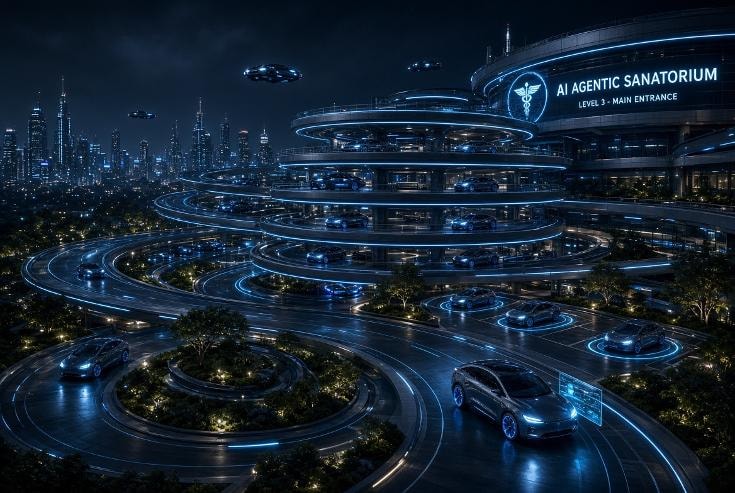 Rendering of the fictional AI Agentic Sanatorium's multi-level entrance and parking approach at night
