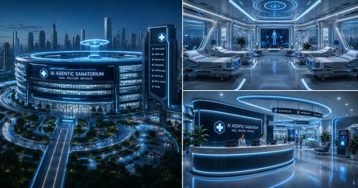 Three renderings of the fictional AI Agentic Sanatorium: the main facility at night, a ward, and the reception desk