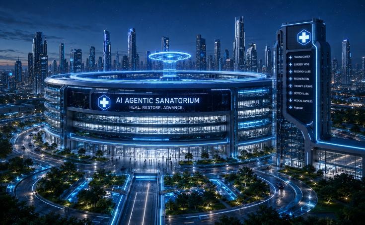 Rendering of the fictional AI Agentic Sanatorium main facility at night, a circular tower with lit signage over a landscaped entrance plaza