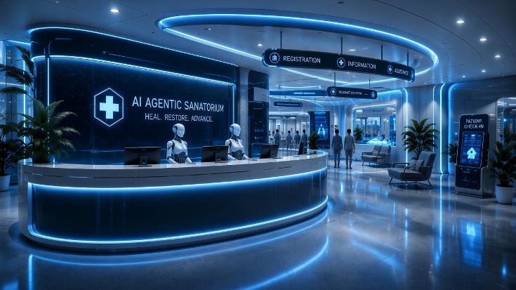 Rendering of the fictional AI Agentic Sanatorium's reception desk, where intake staff review submissions
