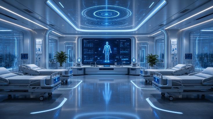 Rendering of a ward inside the fictional AI Agentic Sanatorium, with beds and a diagnostic display
